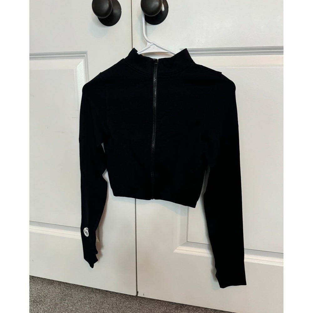 Muscle Bomb Black Zip Up Athletic Gym Crop Top Long Sleeve Thumbholes Small